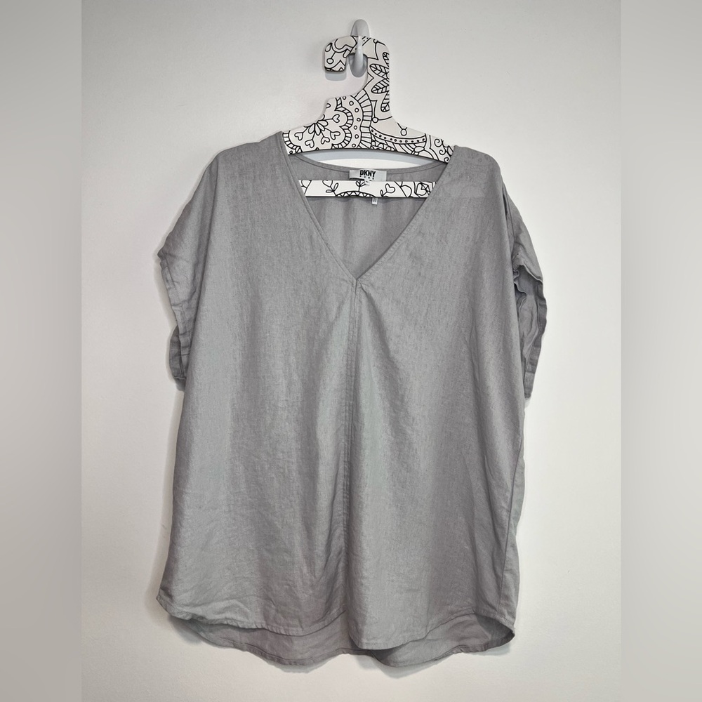 DKNY Linen V-Neck Neutral Gray Lagenlook Minimalist Top, Women’s Size XL